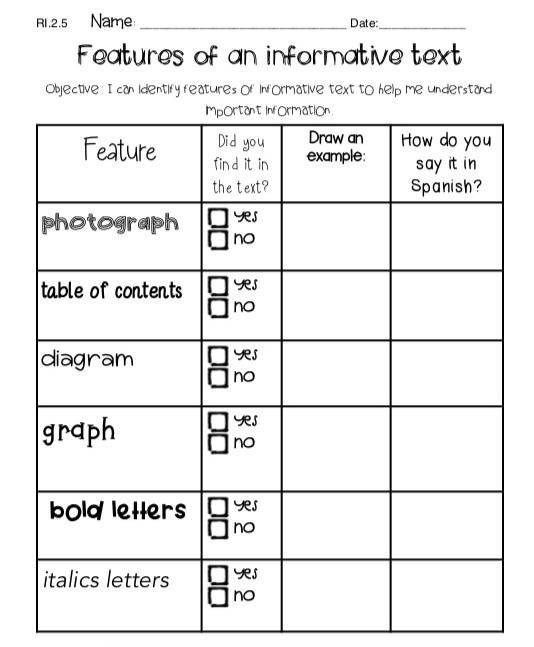 Text features check list spanish  Text features, Spanish lessons for kids,  Informational writing